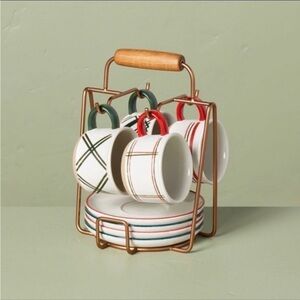 Hearth & Hand  9pc Christmas Plaid Stripes Stoneware Mug and Saucer Cadd…